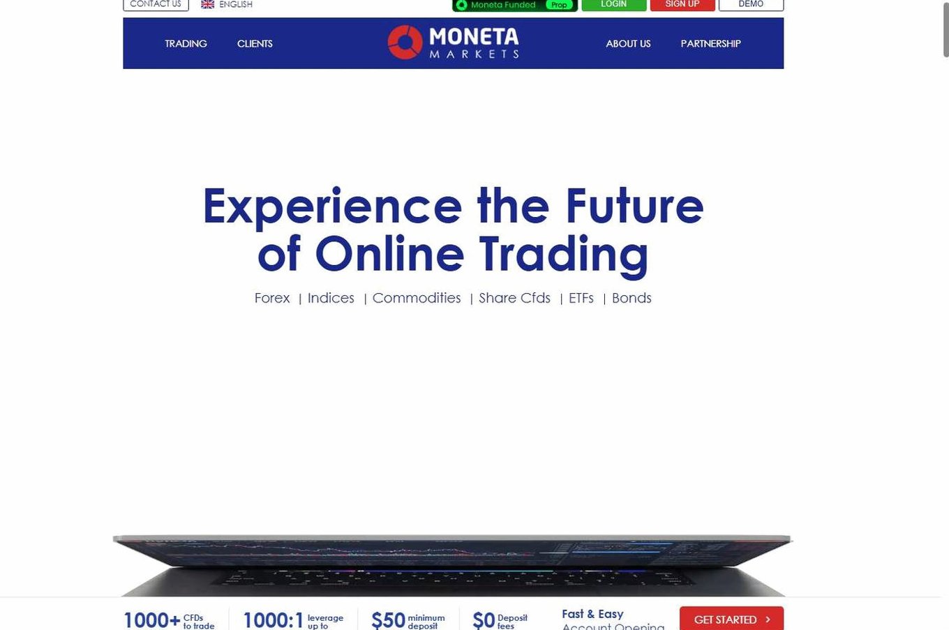Screenshot of the Moneta Markets website