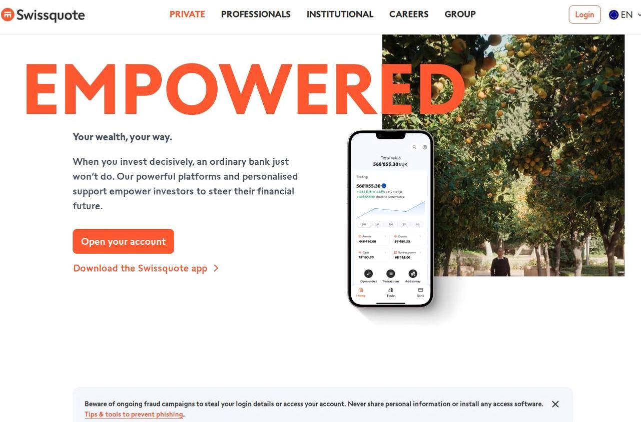 The platform page on the Swissquote website