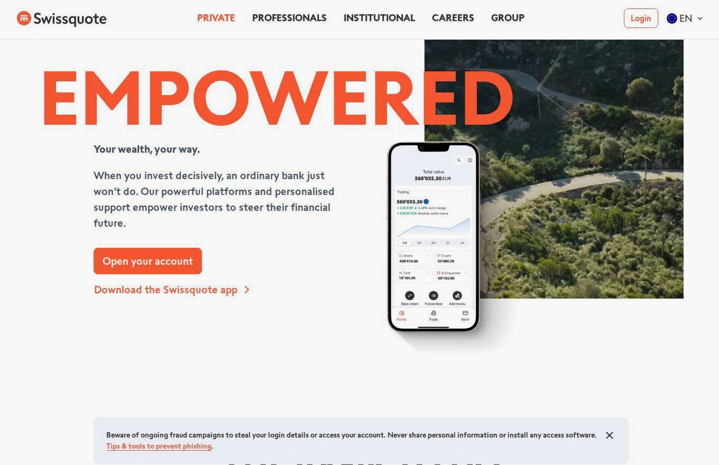 Screenshot of the Swissquote website